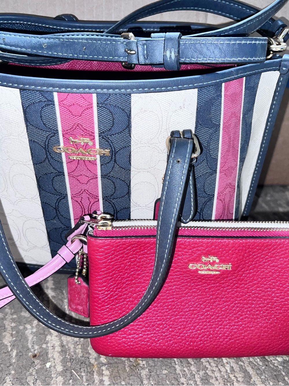 Coach Pink Navy White Striped Shoulder Bag with Pink Wristlet